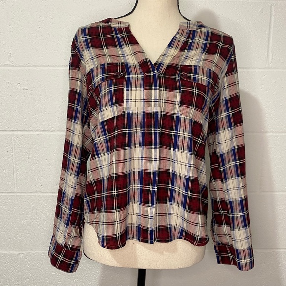 Collective Concepts Button Down Dark Red White Blue Plaid Shirt - Picture 1 of 11